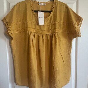 Women's Mustard Lace-Trim Short Sleeve Blouse
